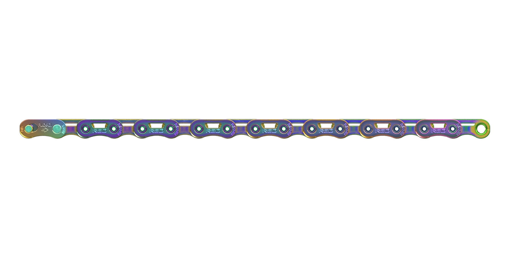 SRAM Red E1 Flattop 126-link bicycle chain with rainbow iridescent finish