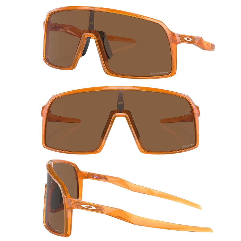 Oakley Sutro sunglasses in transparent ginger frame with bronze lenses, three angles