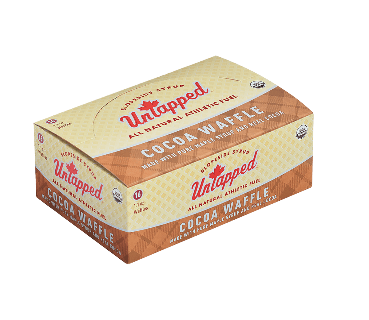 UnTapped Cocoa Waffle 16-count box, all natural athletic fuel with maple syrup and cocoa