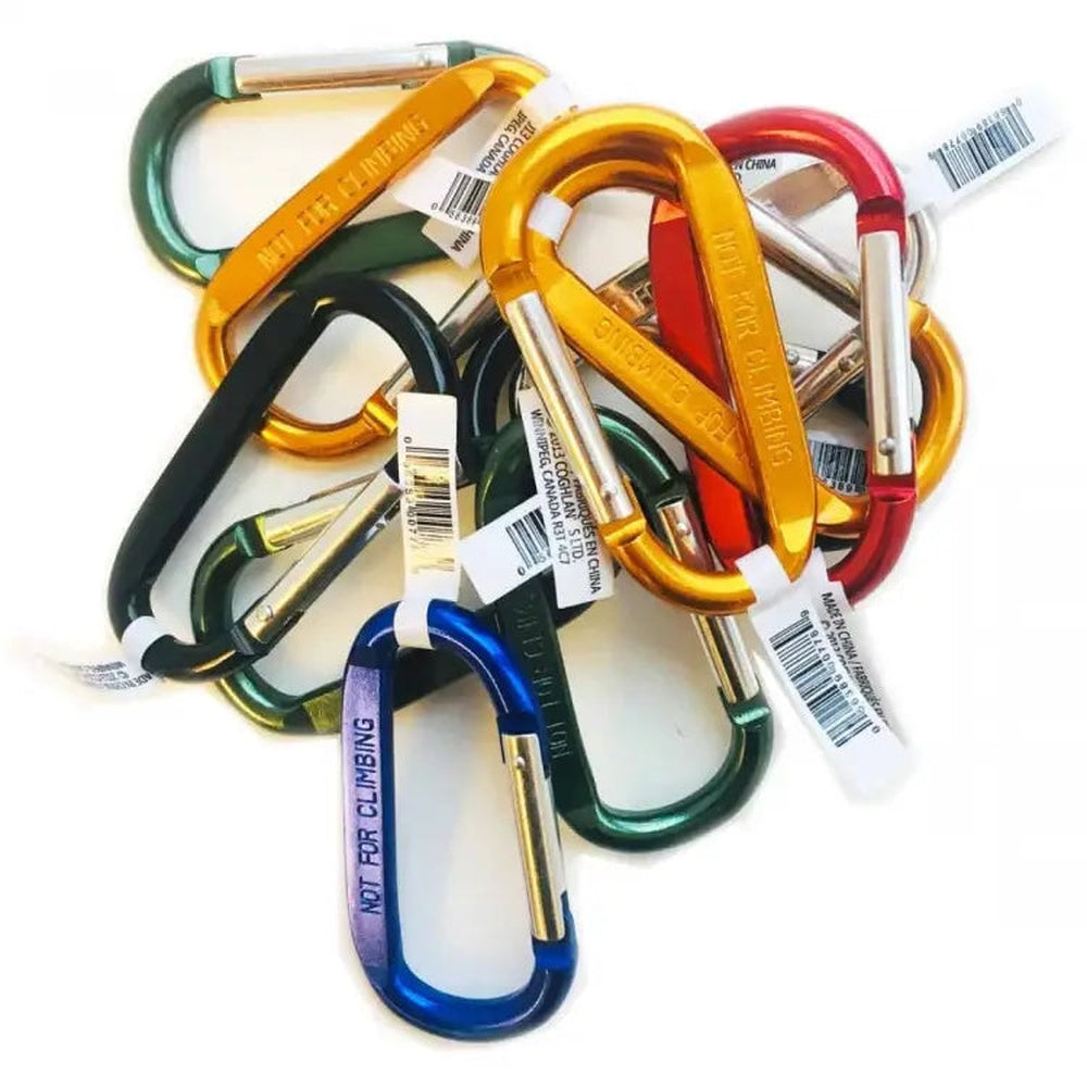 Coghlans assorted colored carabiner clips labeled Not For Climbing on white background