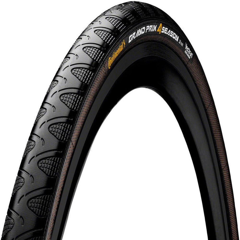Continental Grand Prix 4 Season 700x28 folding road bike tire with black tread and brown Duraskin sidewall