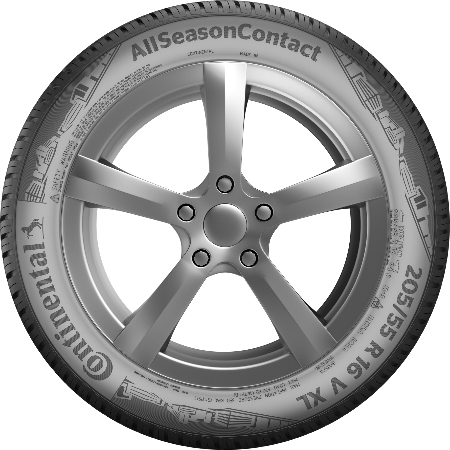 Continental AllSeasonContact tire with five-spoke alloy wheel on white background