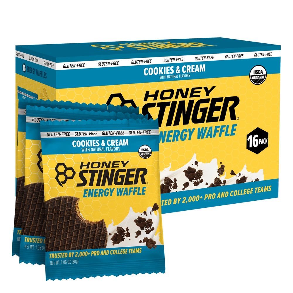 Honey Stinger Organic Cookies and Cream Energy Waffle 16-pack box with individual packets