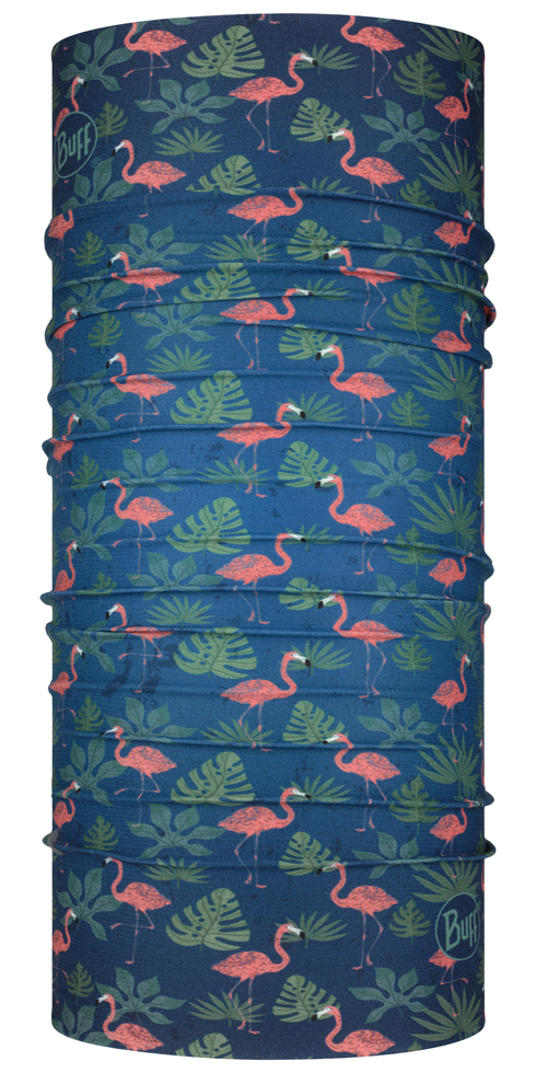 Buff Cool Net UV+ tubular neck gaiter in Elmar Blue with flamingo tropical pattern