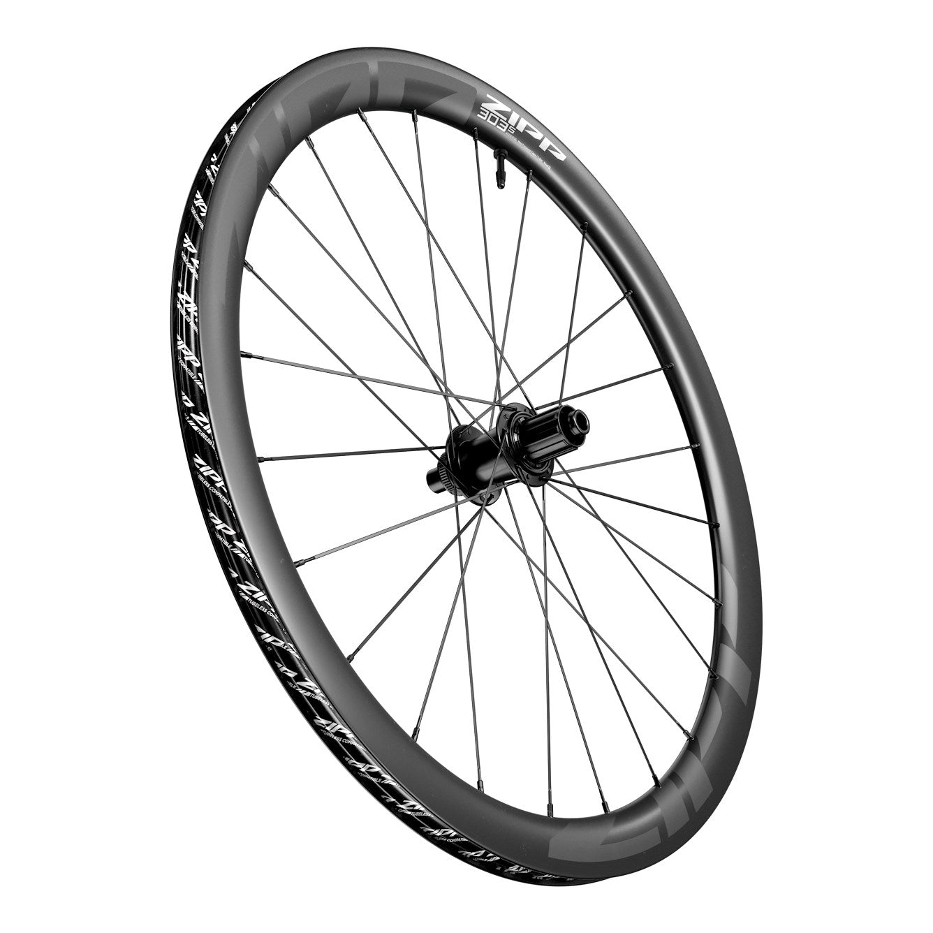 Zipp AM 303 S carbon tubeless disc brake rear wheel with black spokes