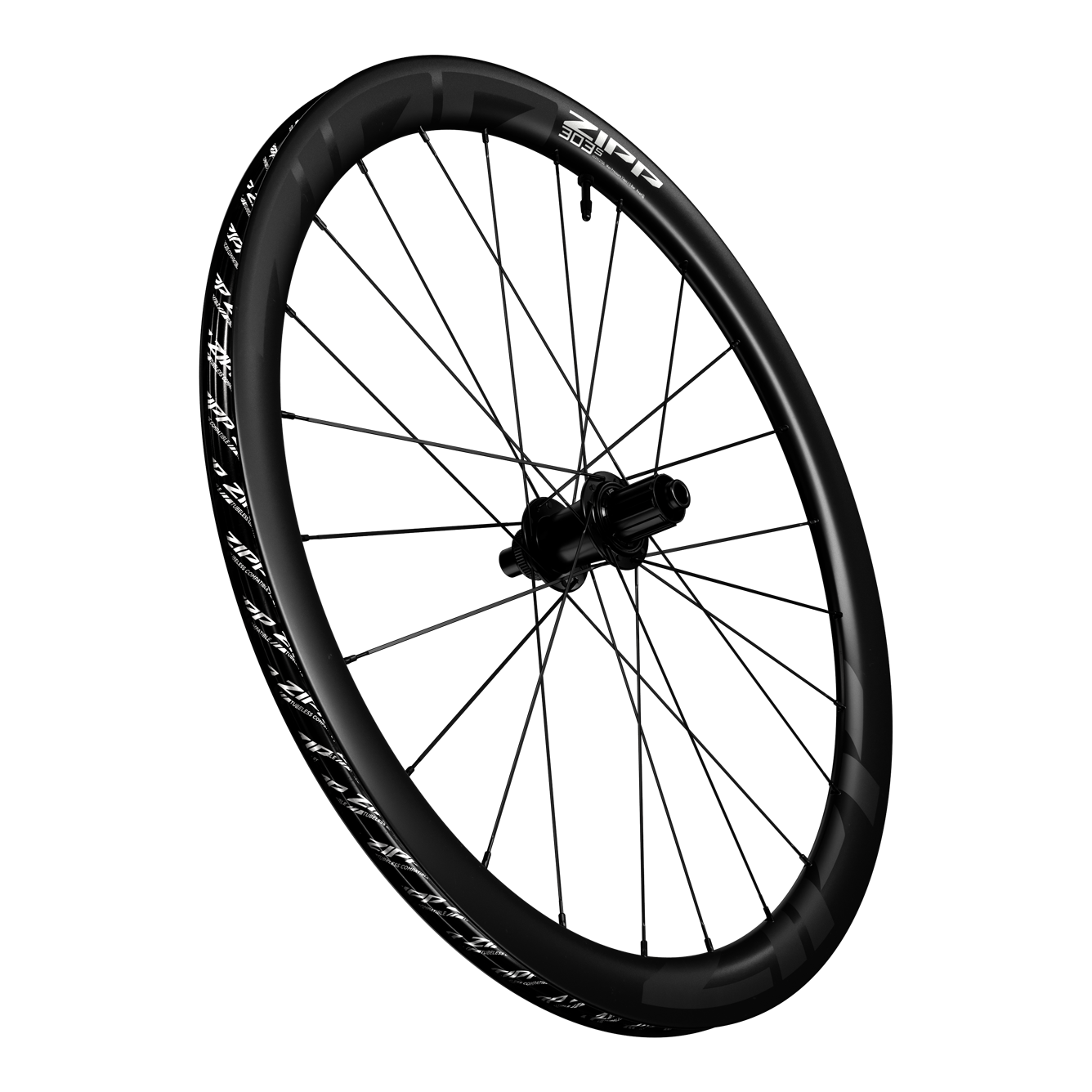 Black Zipp AM 303 S carbon disc brake rear wheel with spokes