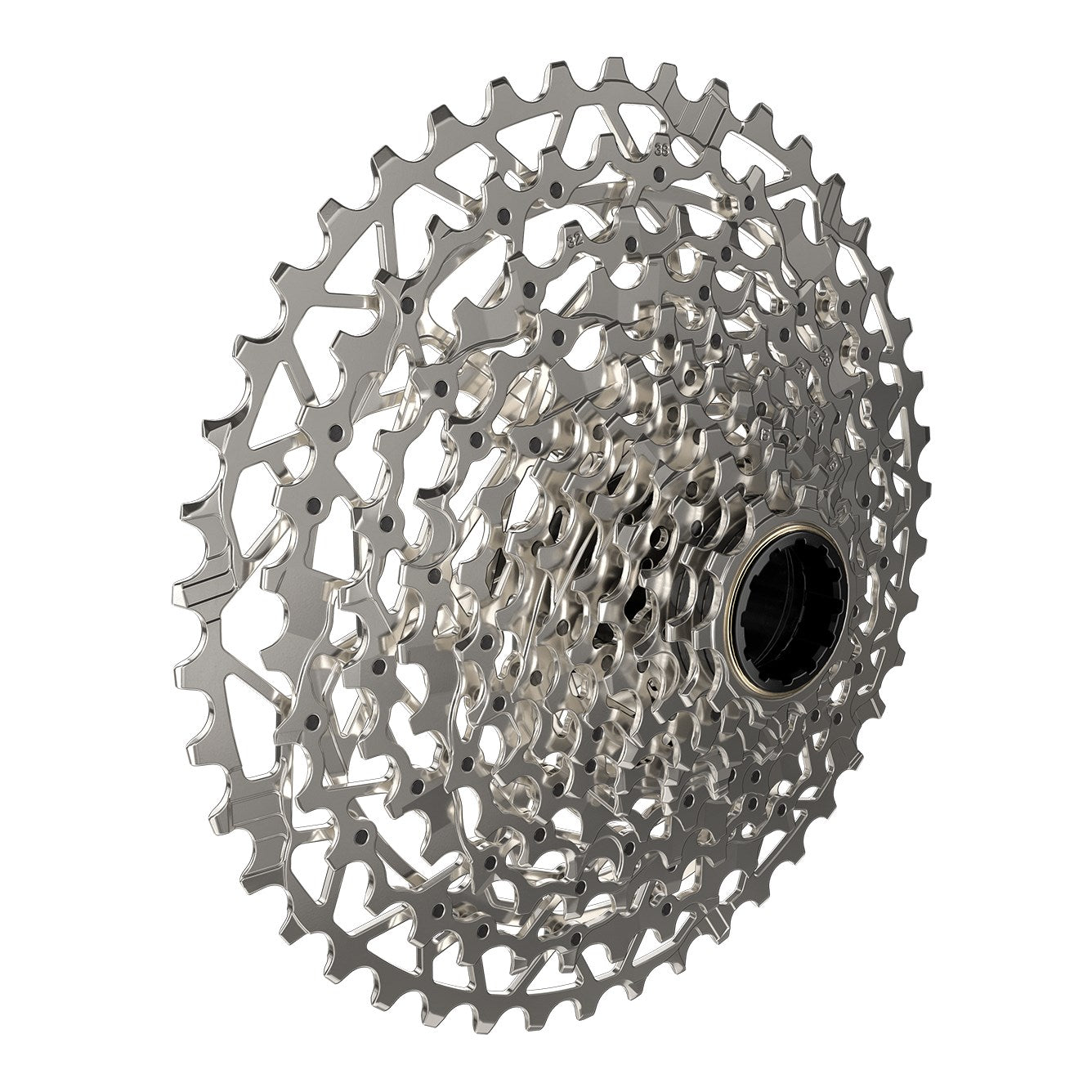 SRAM XG-1251 12-speed bicycle cassette with silver finish on white background
