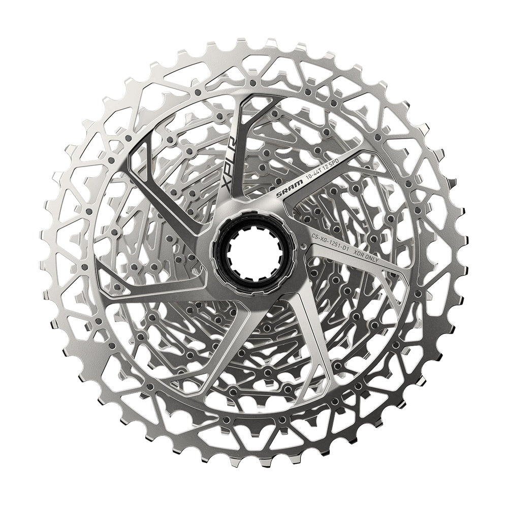 SRAM XG-1251 12-speed bicycle cassette with silver metallic finish on white background