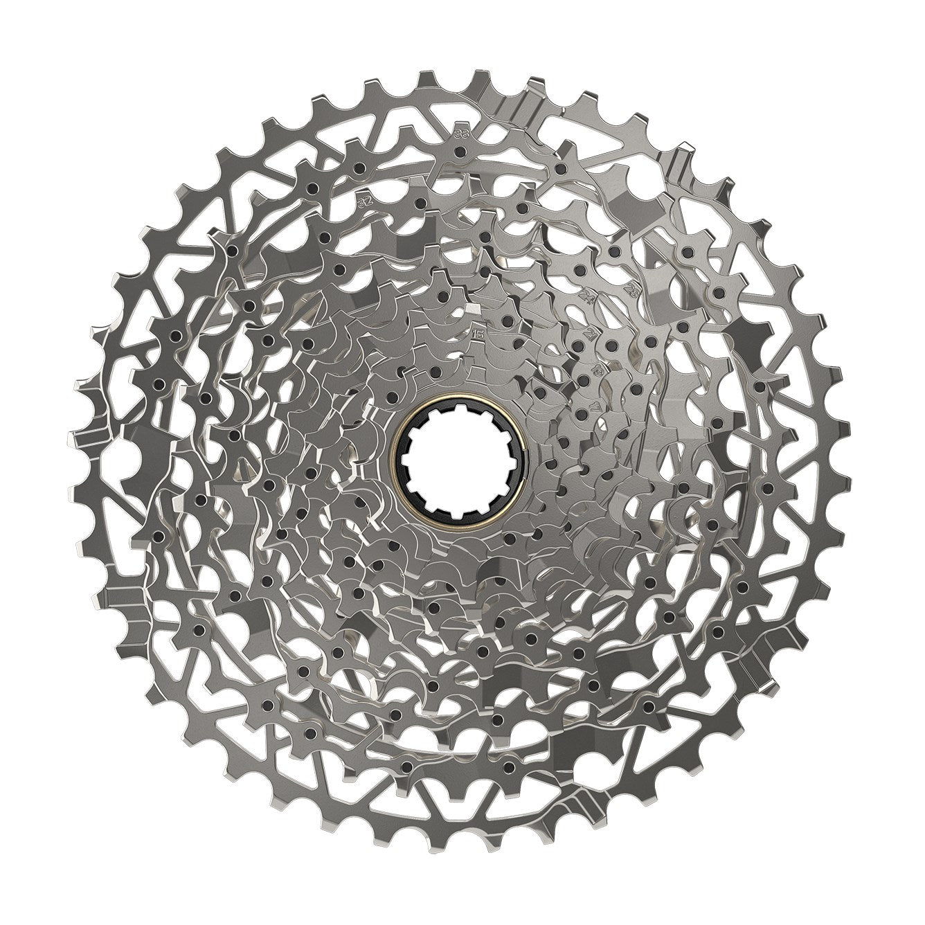 SRAM XG-1251 12-speed bicycle cassette with silver finish on white background