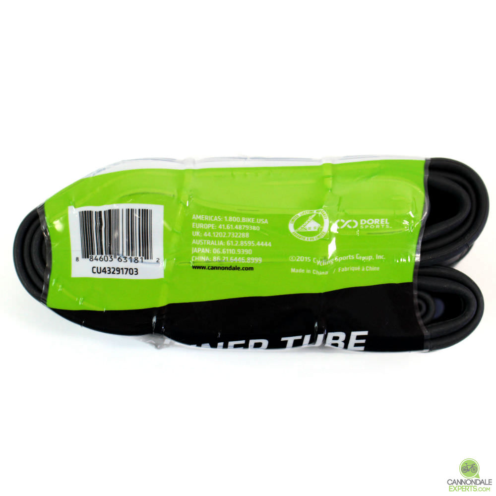 Cannondale black bicycle inner tube in retail packaging with green label