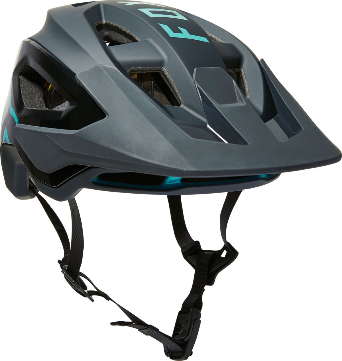 Fox Racing Speedframe Pro mountain bike helmet in slate blue with teal accents and visor