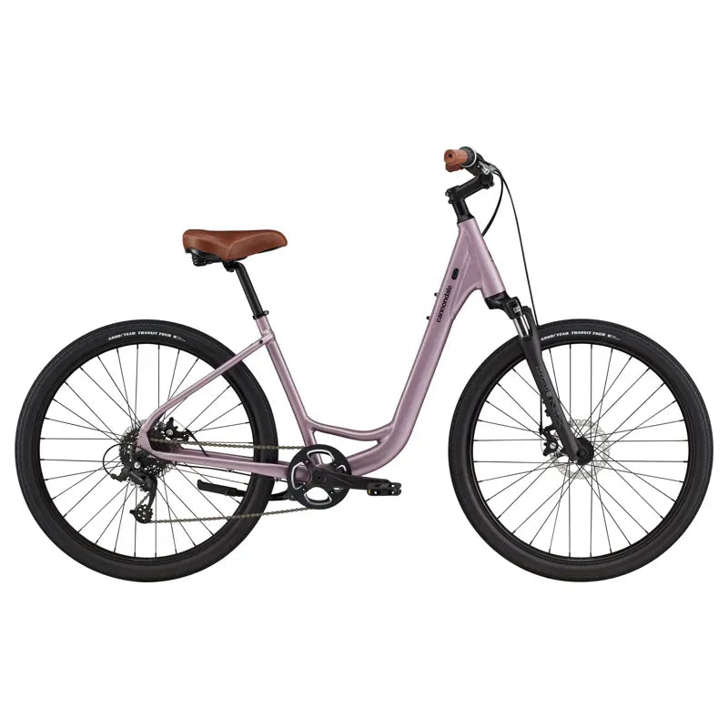 Cannondale Adventure 2 fitness bike in lavender with brown leather seat and black tires