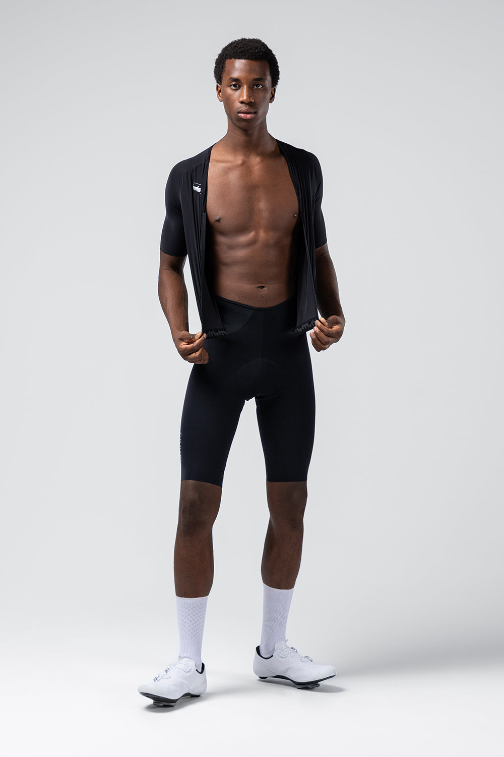 Black Gobik cycling bib shorts with short-sleeve jersey on model