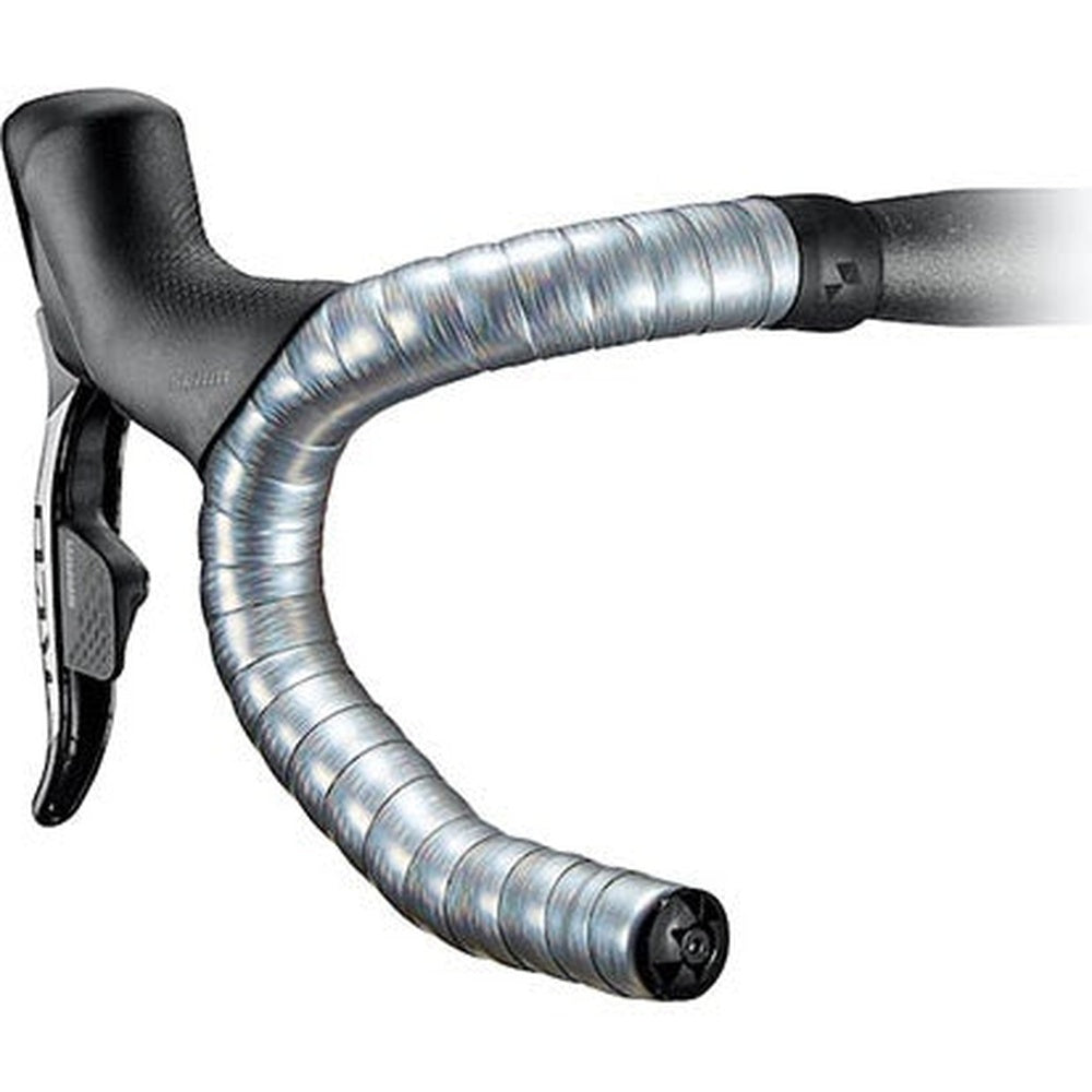 Ciclovation metallic silver handlebar tape wrapped on bicycle drop handlebars with brake lever