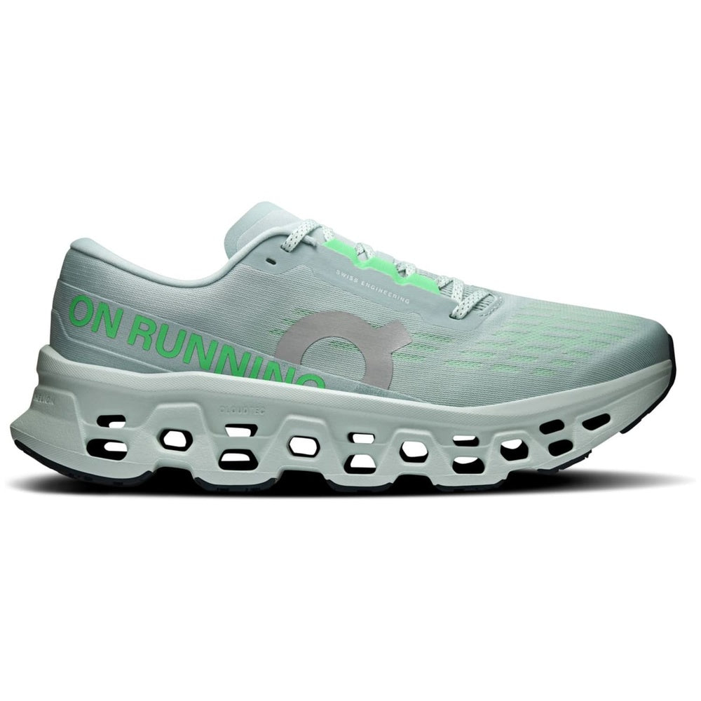 On Cloudmonster 3 running shoe in Brook Flurry colorway, lateral side view