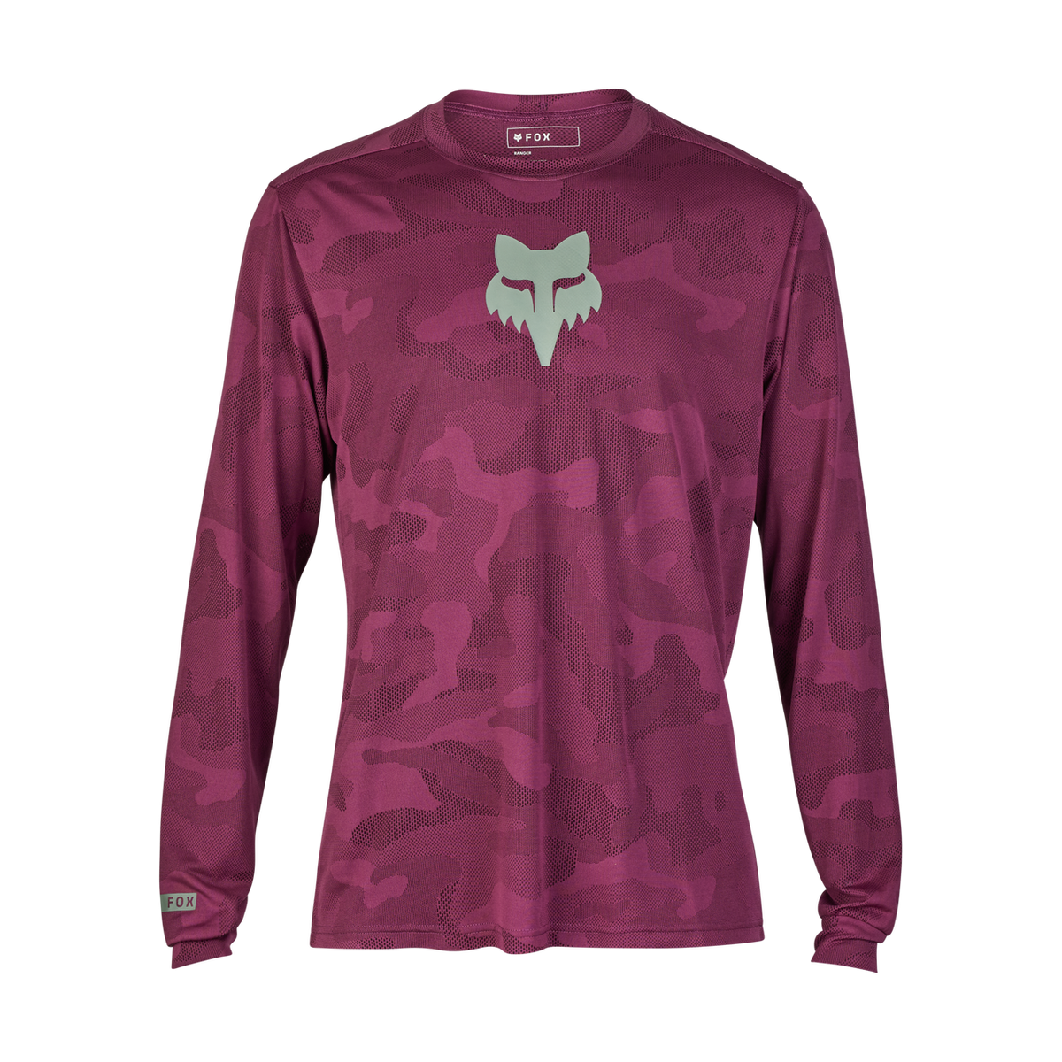 Fox Ranger long sleeve jersey in dark berry purple tonal camo pattern with sage green Fox head logo