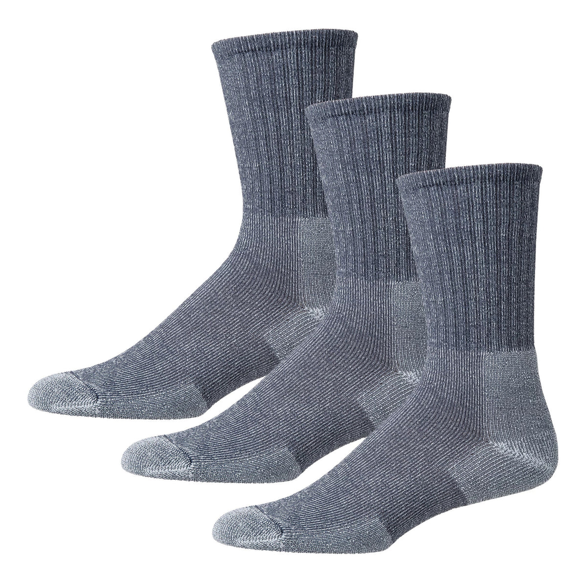 Three Thorlo hiking crew socks in navy blue heather with reinforced toe and heel
