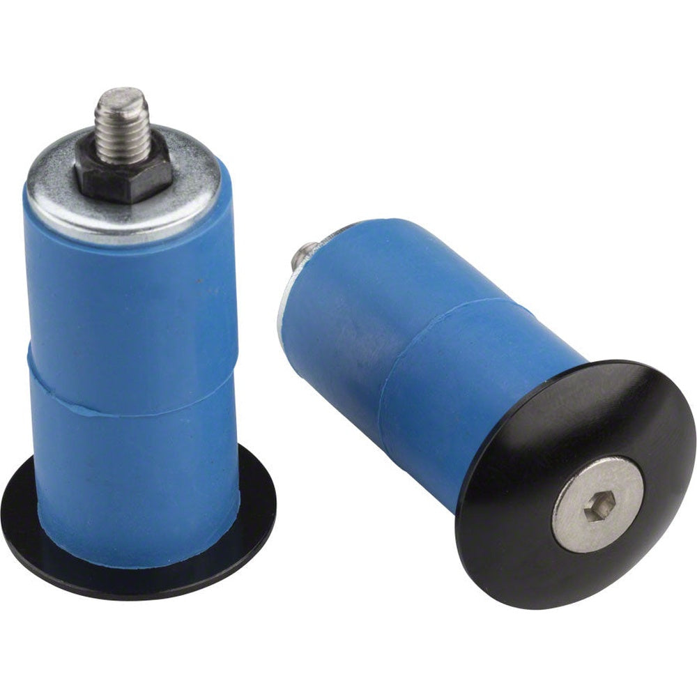Problem Solvers bar end plugs in blue with threaded posts and black rubber bases