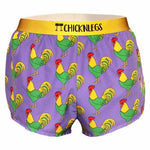 ChicknLegs men's purple boxer shorts with colorful rooster pattern and yellow waistband