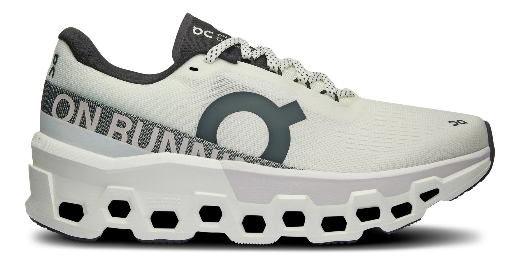 On Cloudmonster 2 running shoe in cream color with distinctive chunky white sole