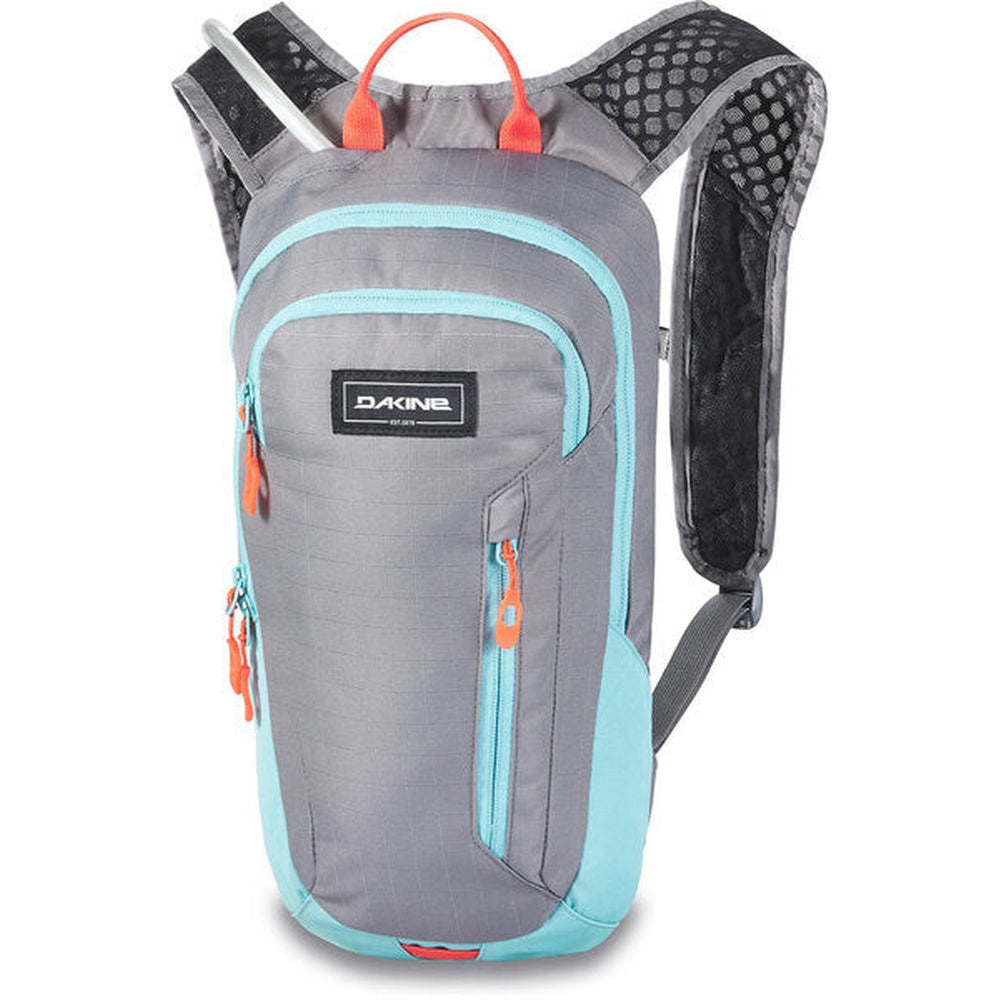 Dakine hydration backpack in gray with teal trim and orange accents