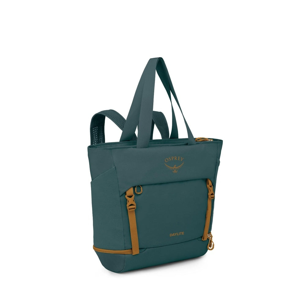 Osprey Daylite teal green tote bag with brown straps and zipper details