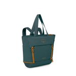 Osprey Daylite teal green tote bag with brown straps and zipper details