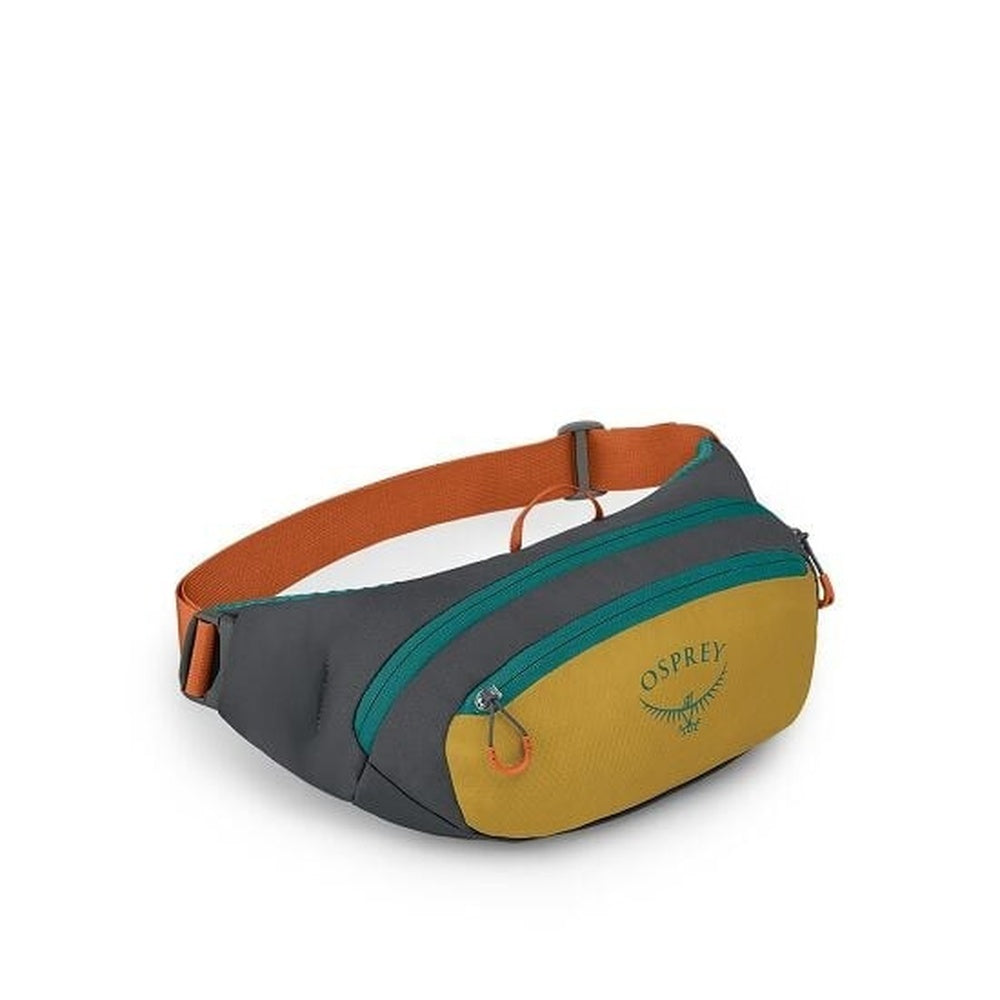 Osprey Daylite Waist pack in tumbleweed yellow and tunnel vision gray with teal zipper