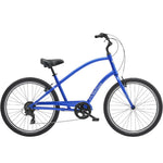 Blue Electra Townie cruiser bicycle with curved frame and multi-speed drivetrain