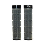 Two grey bicycle grips with textured pattern and black end caps