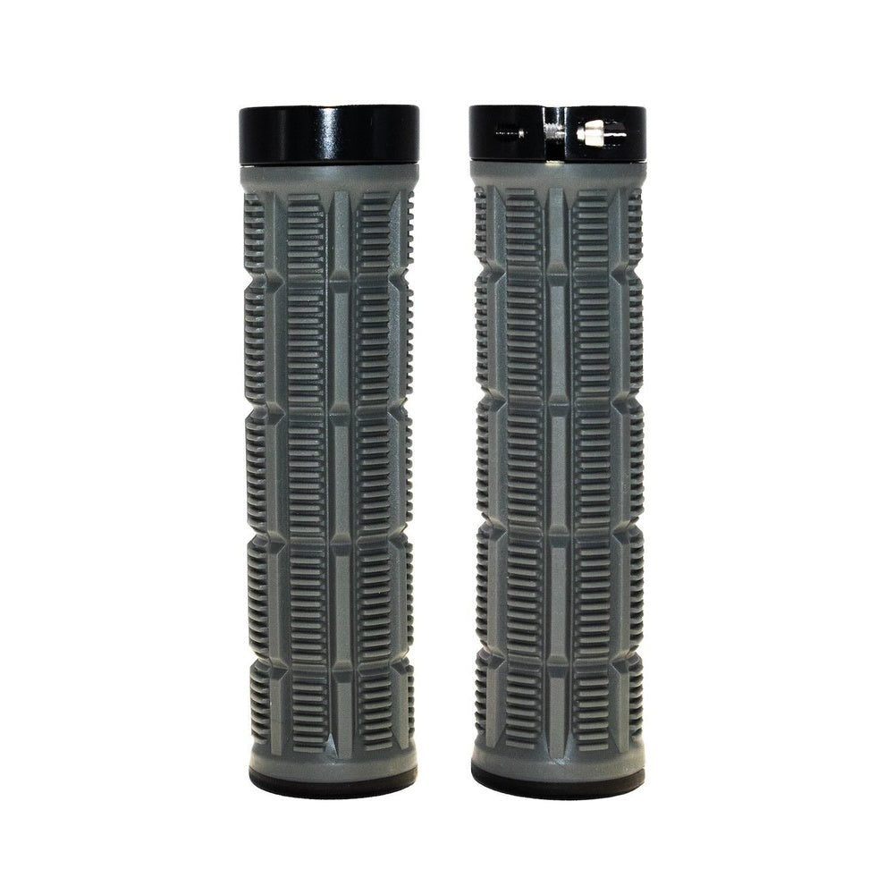 Two grey bicycle grips with textured pattern and black end caps