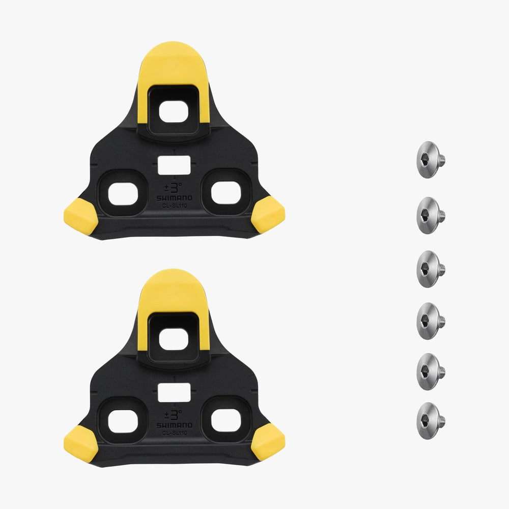 Shimano CL-SL110 SPD-SL yellow cleat set pair with six mounting screws on white background
