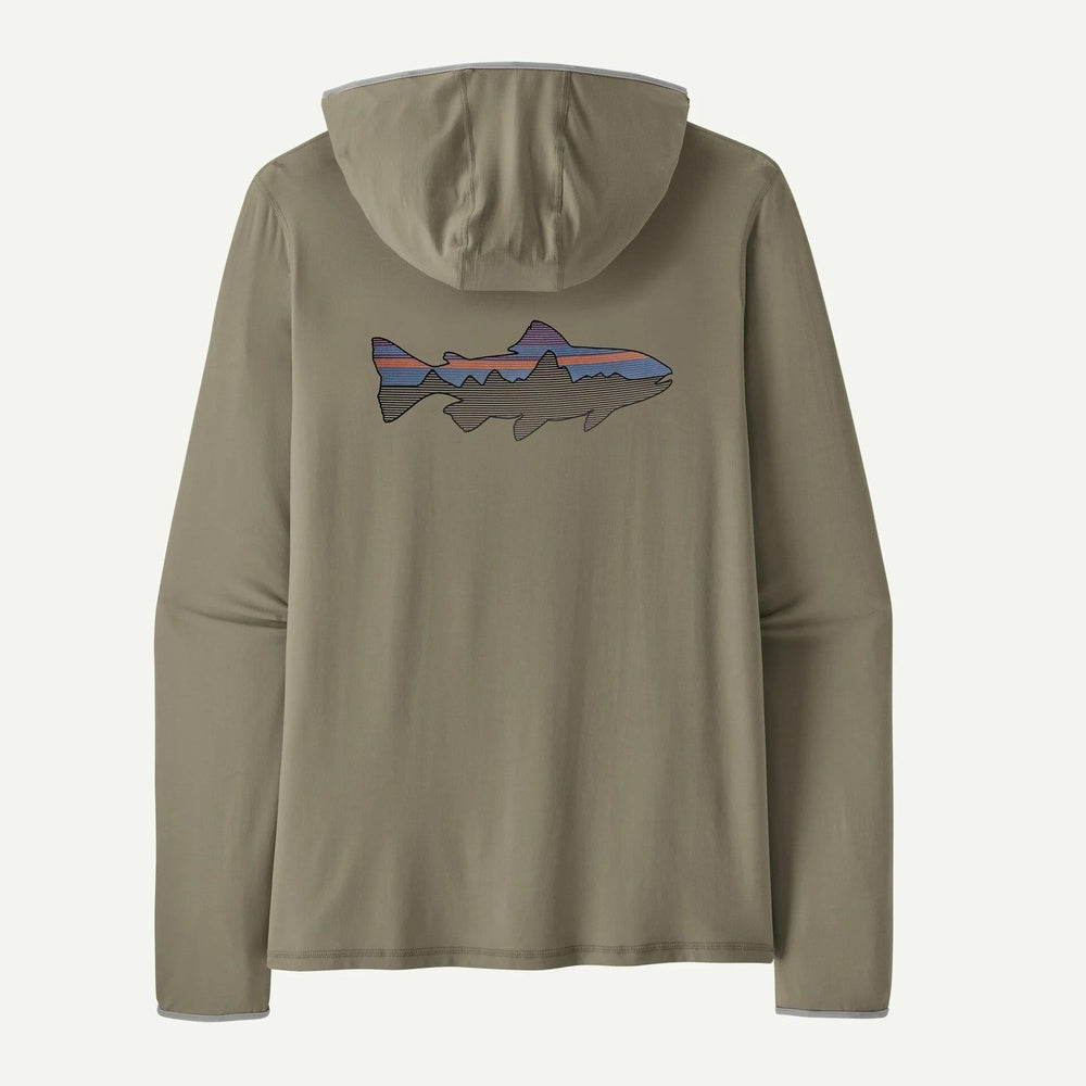 Patagonia olive green hooded shirt with colorful trout graphic on back