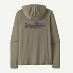 Patagonia olive green hooded shirt with colorful trout graphic on back