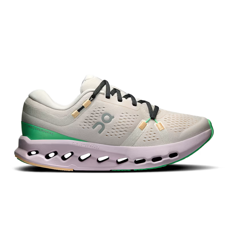 On Cloudsurfer 2 women's running shoe in pearl colorway with purple sole