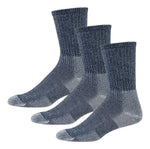 Three Thorlo hiking crew socks in navy blue marl with gray cushioned panels