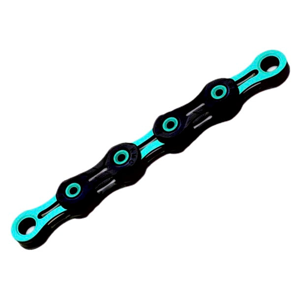 KMC X11SL DLC bicycle chain with black links and turquoise roller details