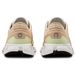 On Cloud X 3 women's running shoes in Savannah/Frost colorway, rear view