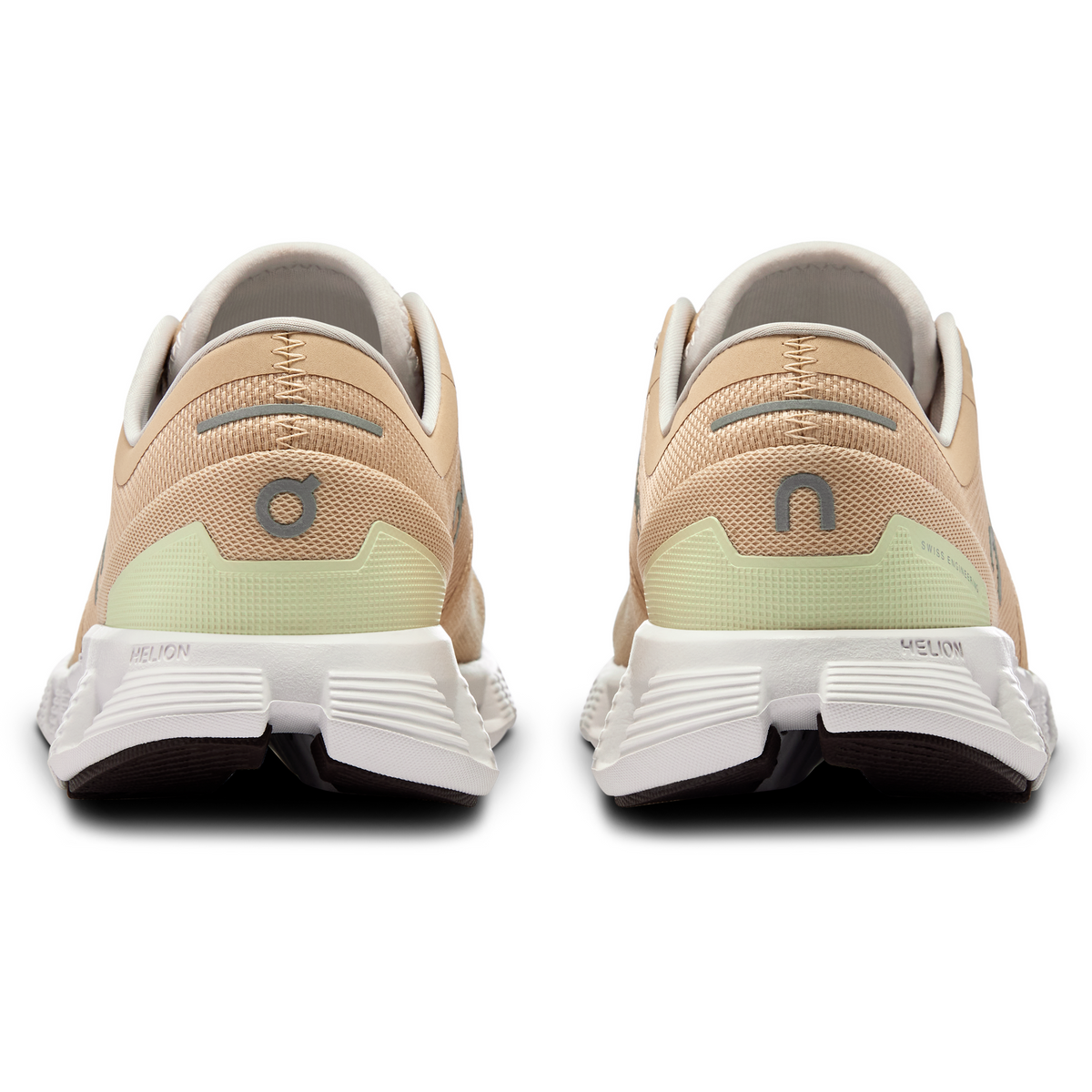 On Cloud X 3 women's running shoes in Savannah/Frost colorway, rear view