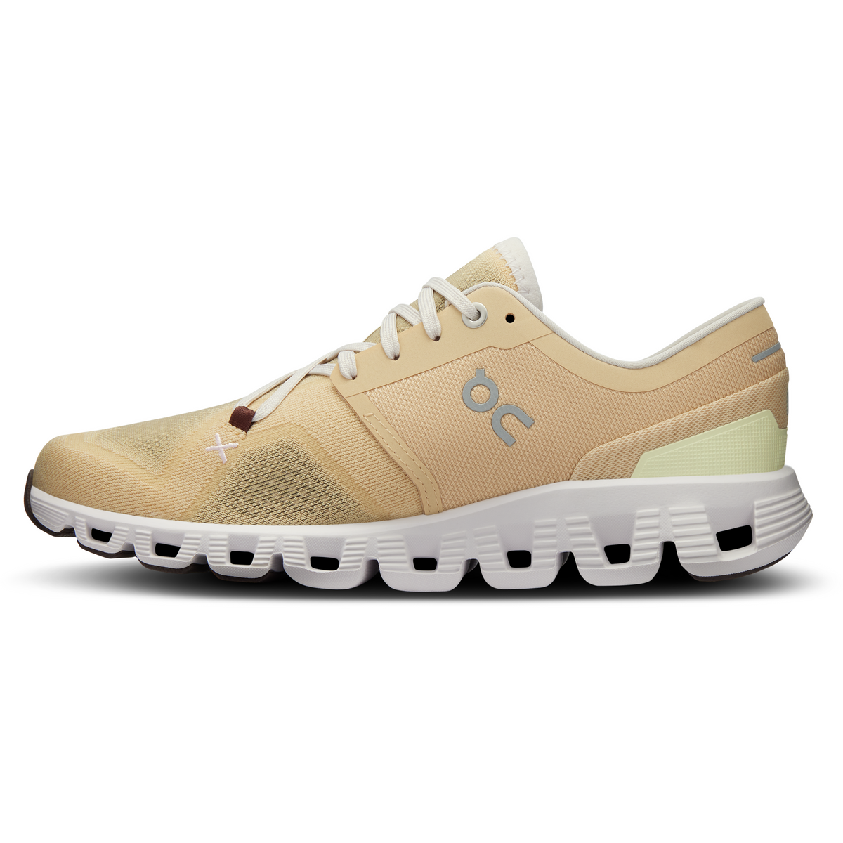 On Cloud X 3 women's running shoe in savannah beige with frost accents