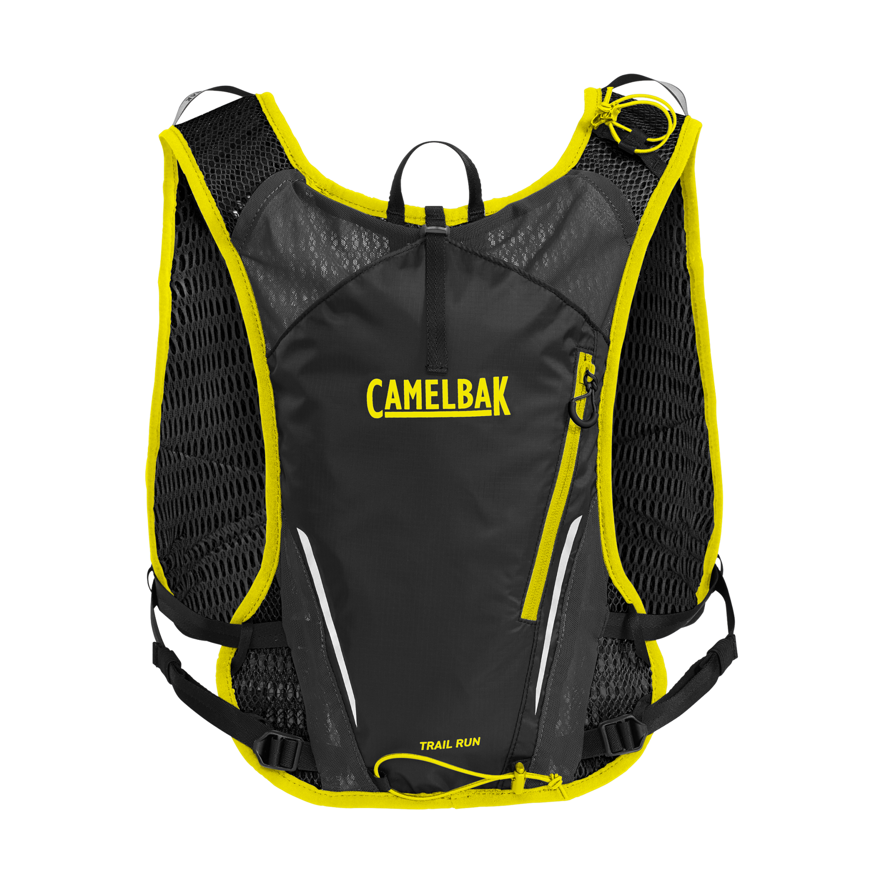 CamelBak Trail Run hydration vest in black with yellow accents and mesh back panel