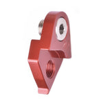 Red anodized Wheels Manufacturing derailleur hanger with threaded mounting points on white background