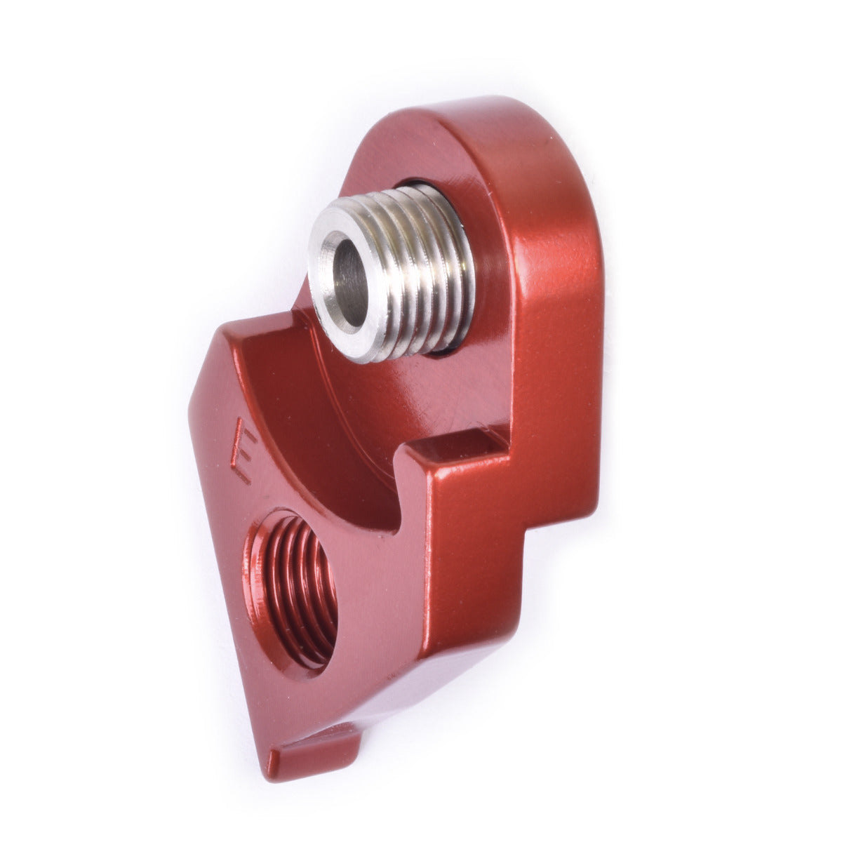 Red anodized Wheels Manufacturing derailleur hanger with threaded mounting points on white background