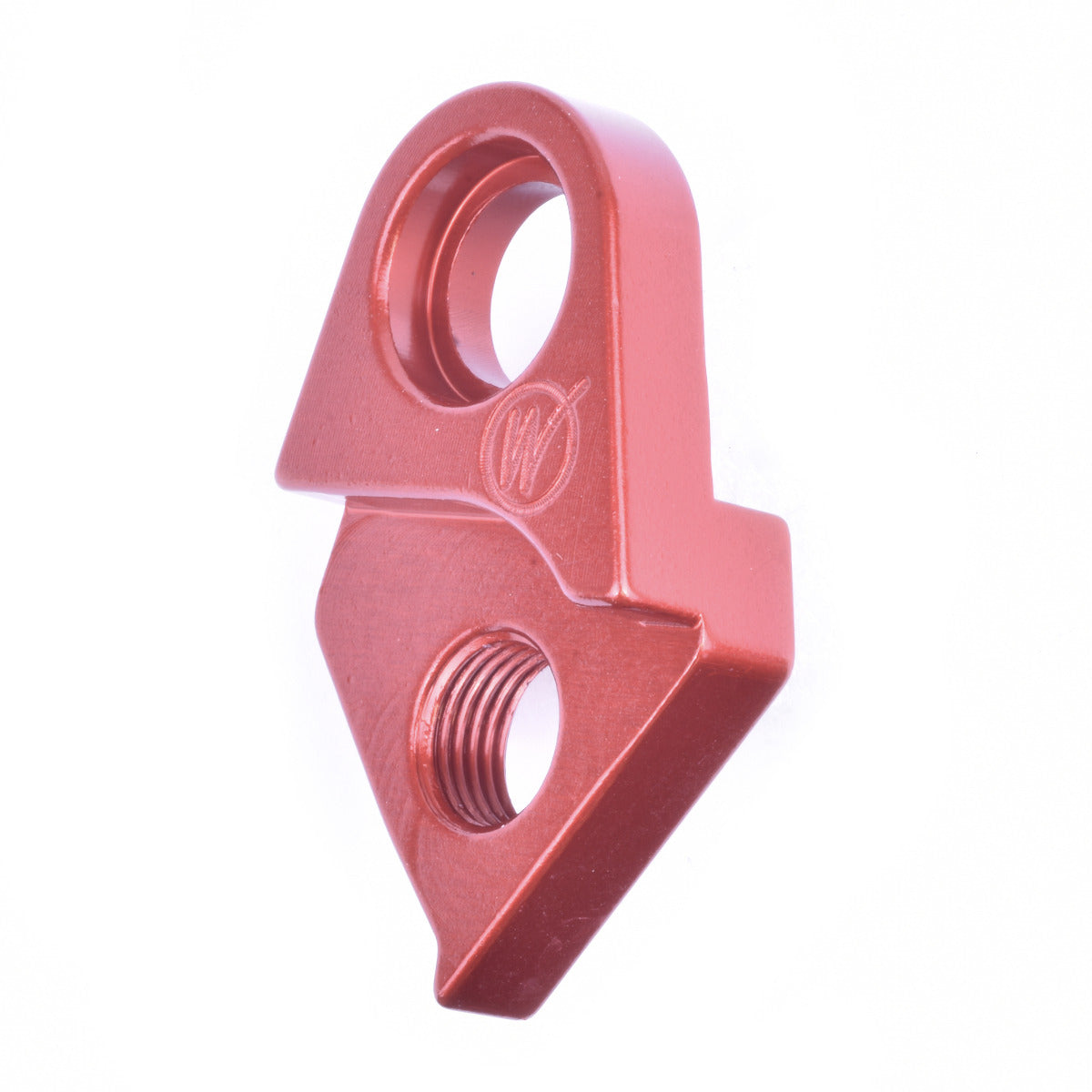 Red anodized Wheels Manufacturing derailleur hanger with threaded mounting hole on white background