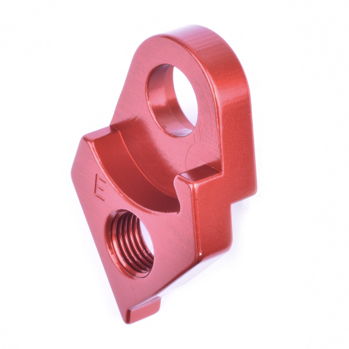 Red anodized aluminum derailleur hanger with threaded mounting hole and attachment point
