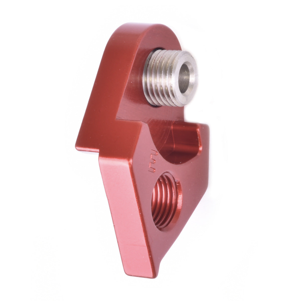 Red anodized Wheels Manufacturing derailleur hanger with threaded mounting points