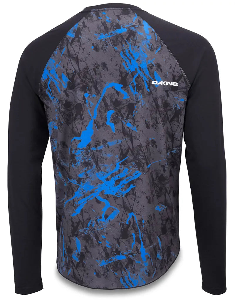 Dakine Dropout long sleeve jersey with cyan blue paint splatter design on gray background