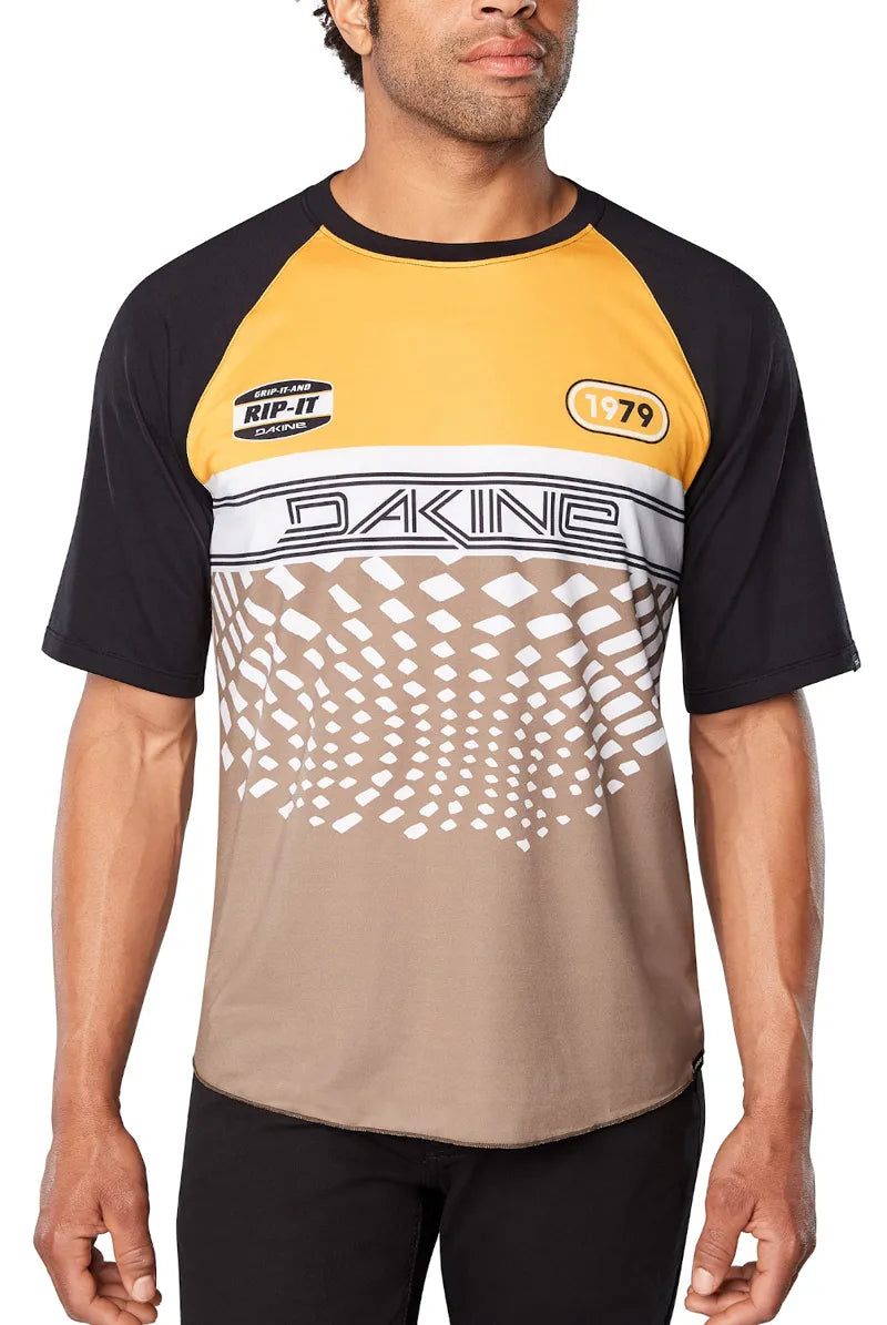 Dakine Dropout jersey with golden yellow top, black sleeves, geometric pattern