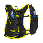 Camelbak trail running vest in black with yellow accents and water bottles