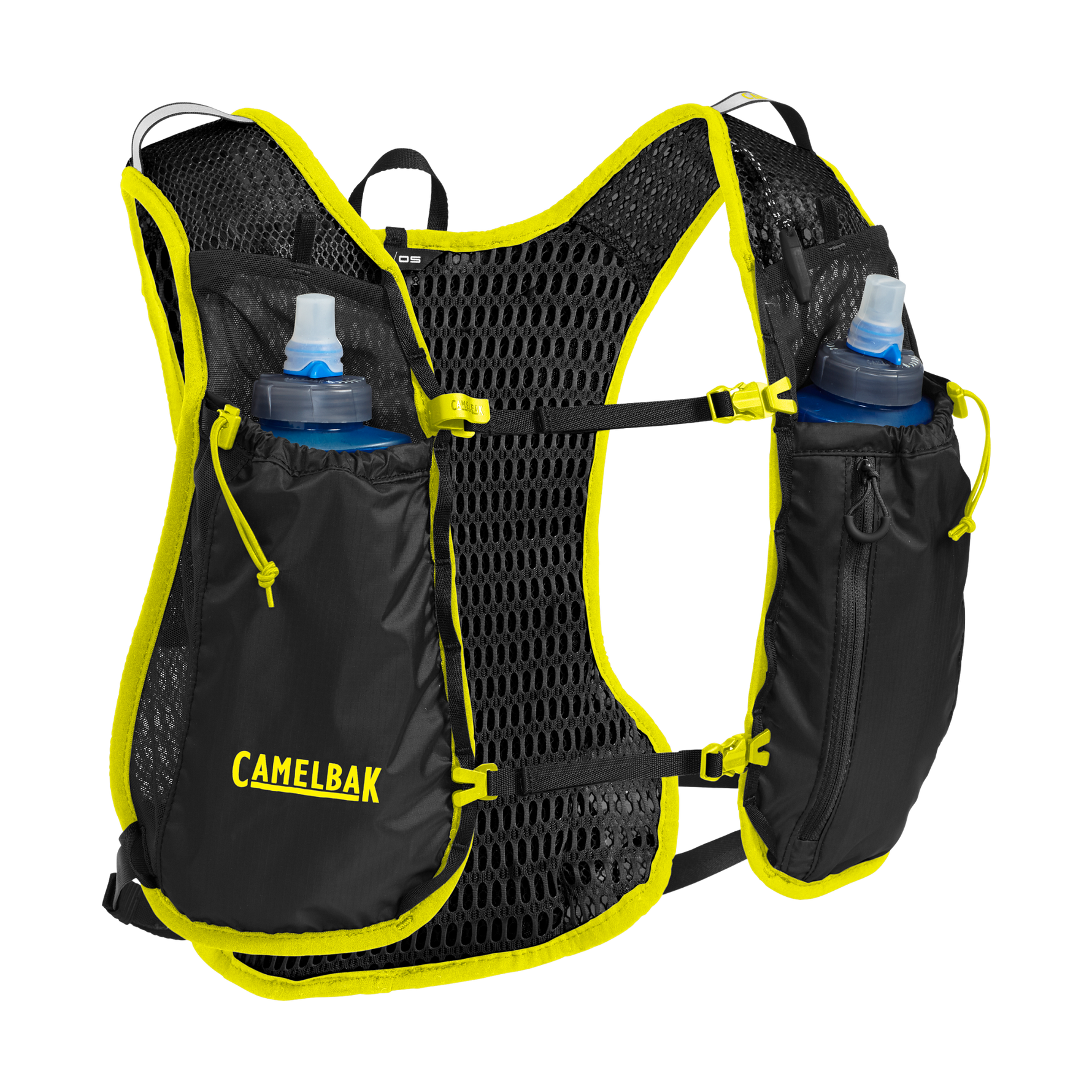 Camelbak trail running vest in black with yellow accents and water bottles